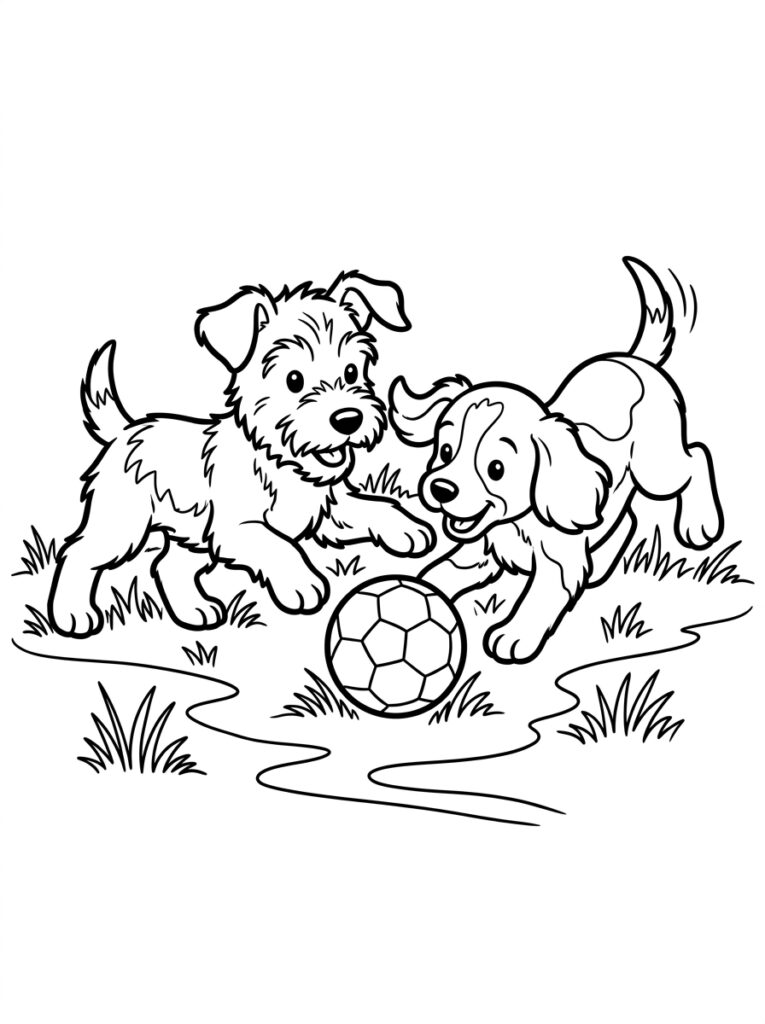Kleurplaat van twee honden spelend met een voetbal in het gras