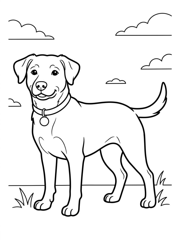 Kleurplaat van een hond met halsband en penning staand in het gras onder wolken