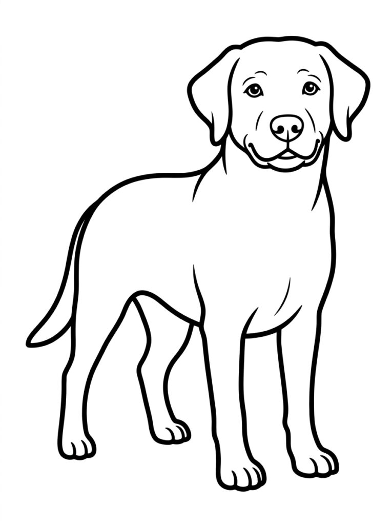 Kleurplaat van een staande hond met grote ogen