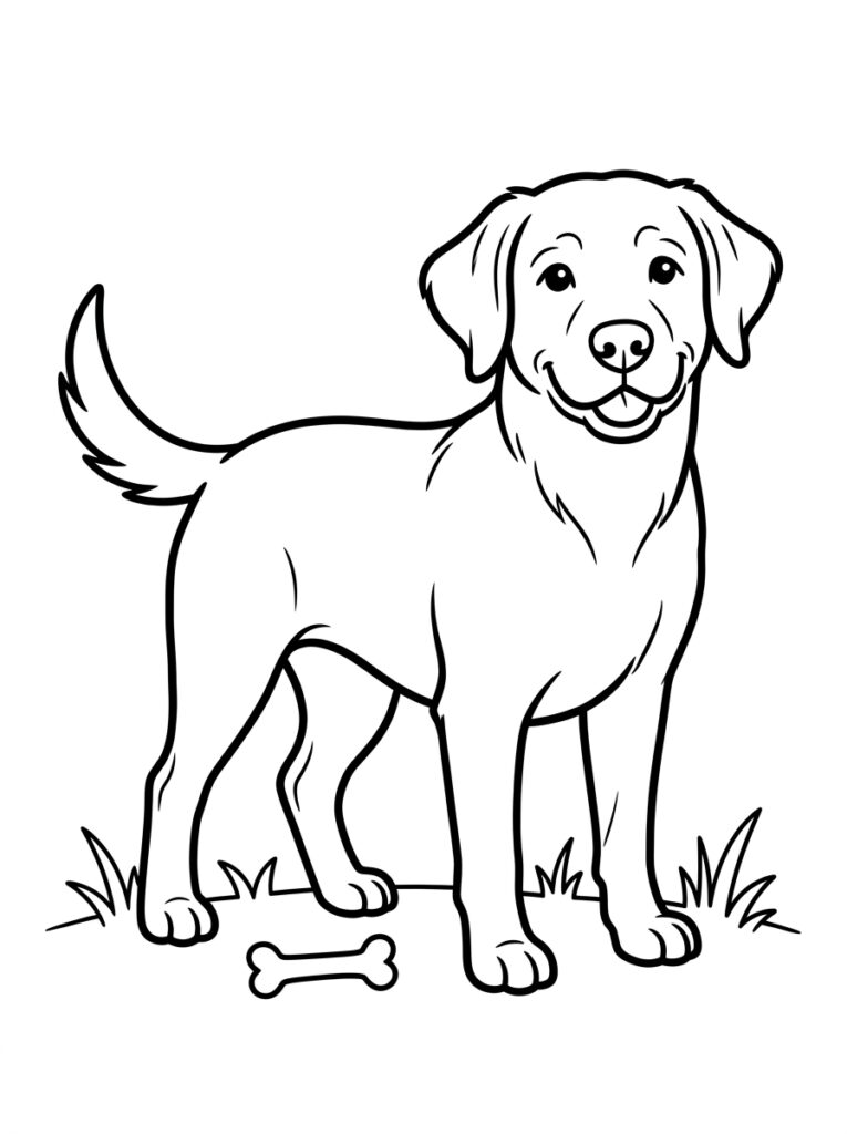 Kleurplaat van een hond staand in het gras bij een bot