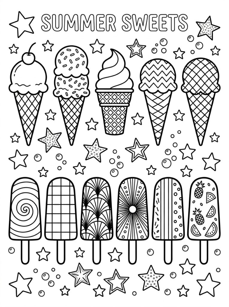 Kleurplaat van vijf ijsjes in hoorntjes met kers sprinkles en patronen boven zes versierde ijslolly's omringd door sterren en bubbels