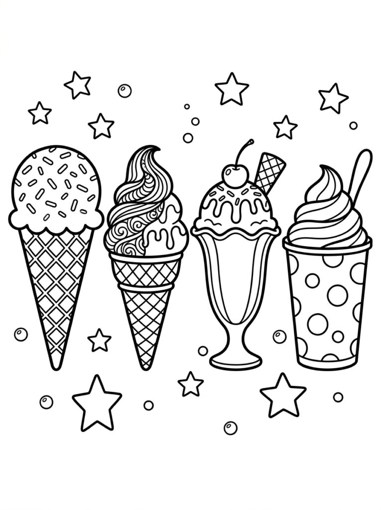 Kleurplaat van een sprinkles ijsje een swirl ijsje een sundae met kers en wafel en een softserve in stippen beker met lepel en sterren