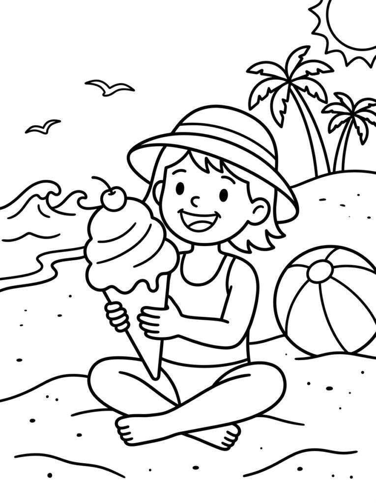 Kleurplaat van een lachend meisje met hoed zittend op het strand met groot ijsje palmboom strandbal zon en golven