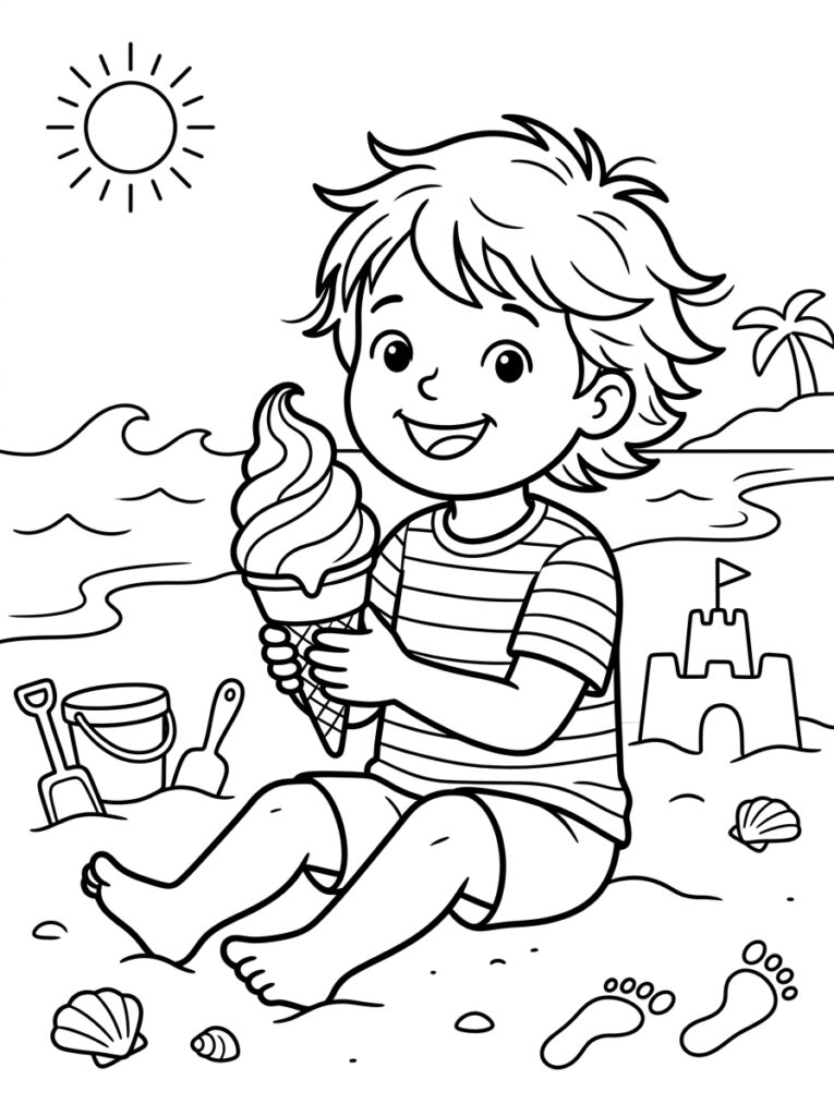 Kleurplaat van een lachende jongen met gestreept shirt en softserve ijsje op het strand met zon golven zandkasteel en schelpen