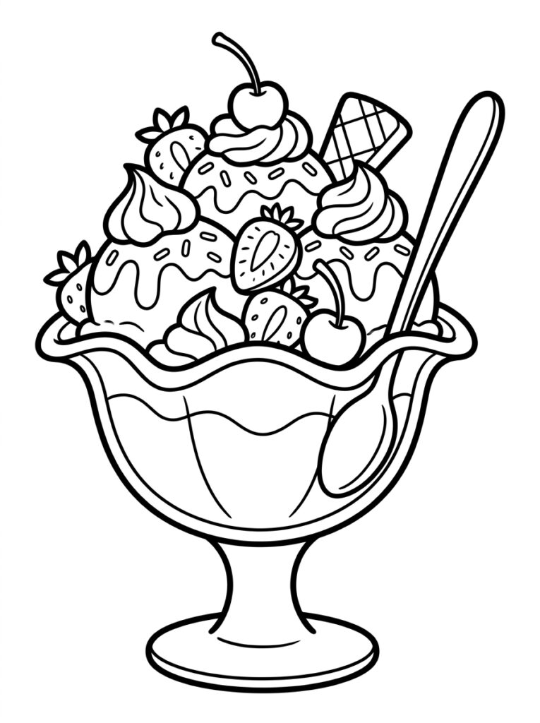 Kleurplaat van een ijsbeker met slagroom aardbeien kersen sprinkles wafelstuk en lepel