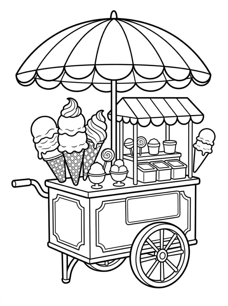 Kleurplaat van een ijskar met gestreepte luifel verschillende ijsjes in hoorntjes lolly's en bakken