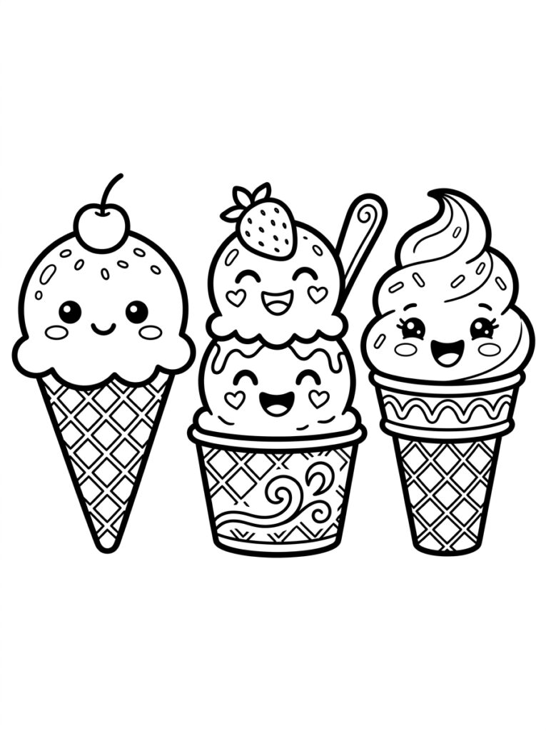 Kleurplaat van drie kawaii ijsjes met gezichten een hoorntje met kers een beker met aardbei en een swirl ijsje