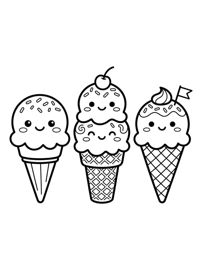 Kleurplaat van drie schattige ijsjes in hoorntjes met gezichten sprinkles kers en een vlaggetje