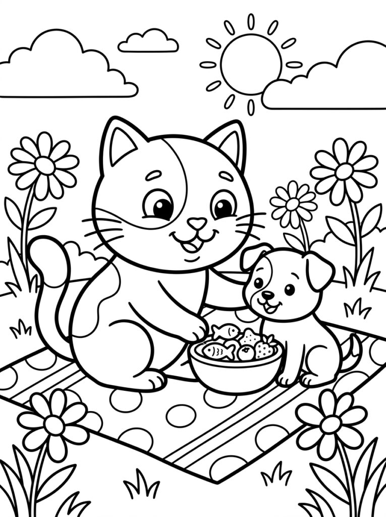 Kat en hond bij etensbak met bloemen