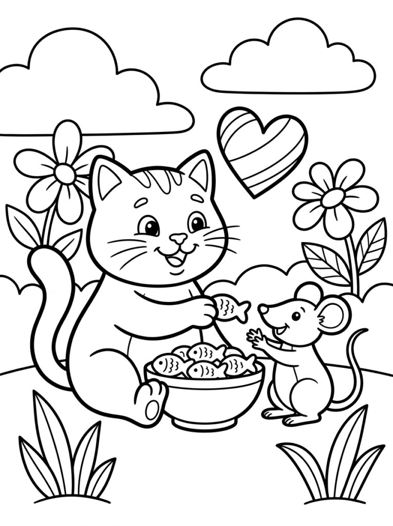 Kat met kom vissen en muis bij bloemen