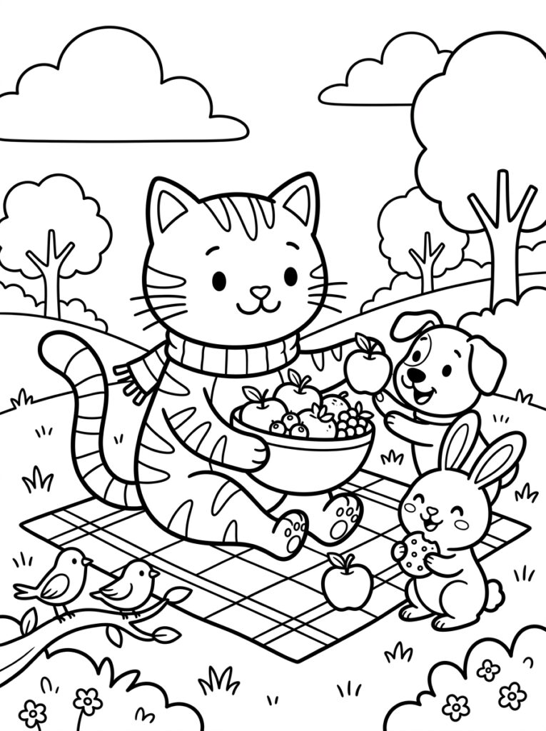 Kat met fruitschaal op picknickkleed bij hond konijn vogels