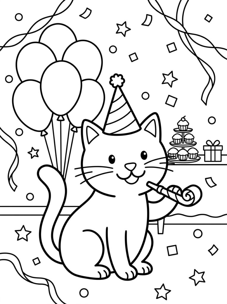 Kat met feestmuts blaast toeter bij ballonnen en gebak