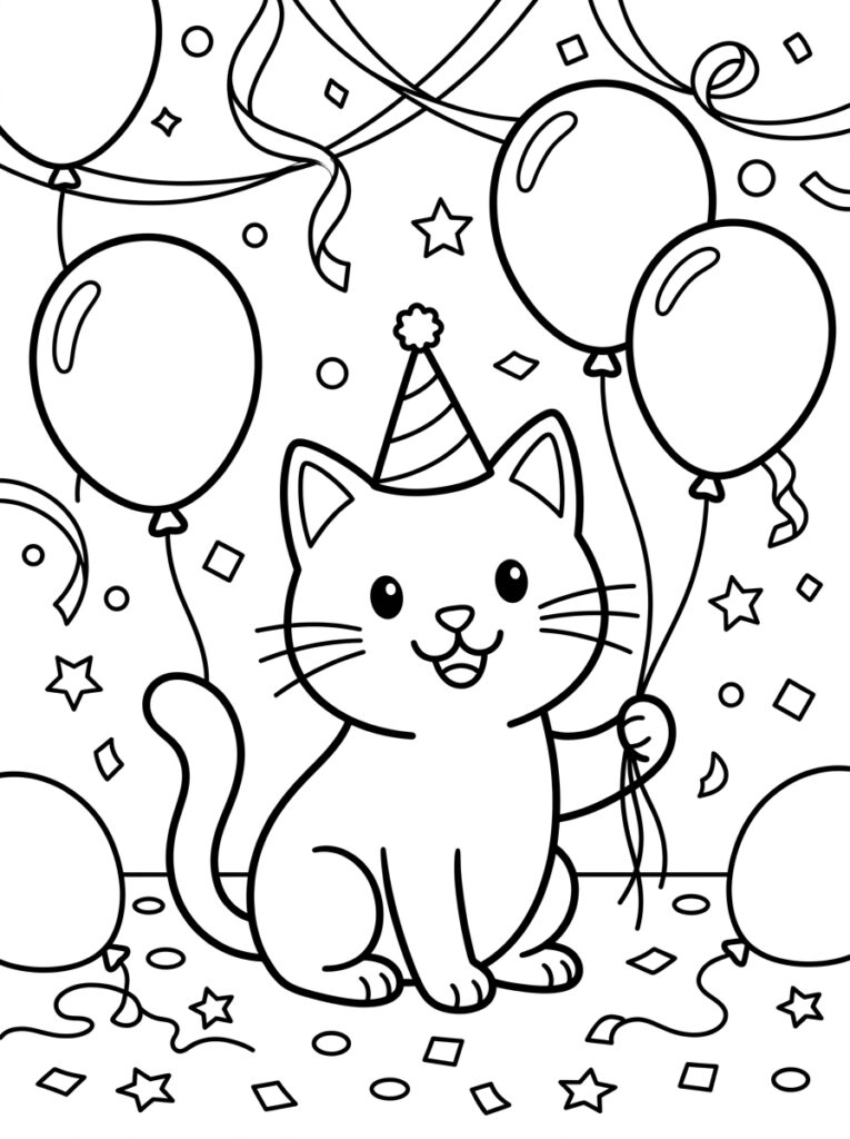 Kat met feestmuts houdt ballonnen vast bij confetti