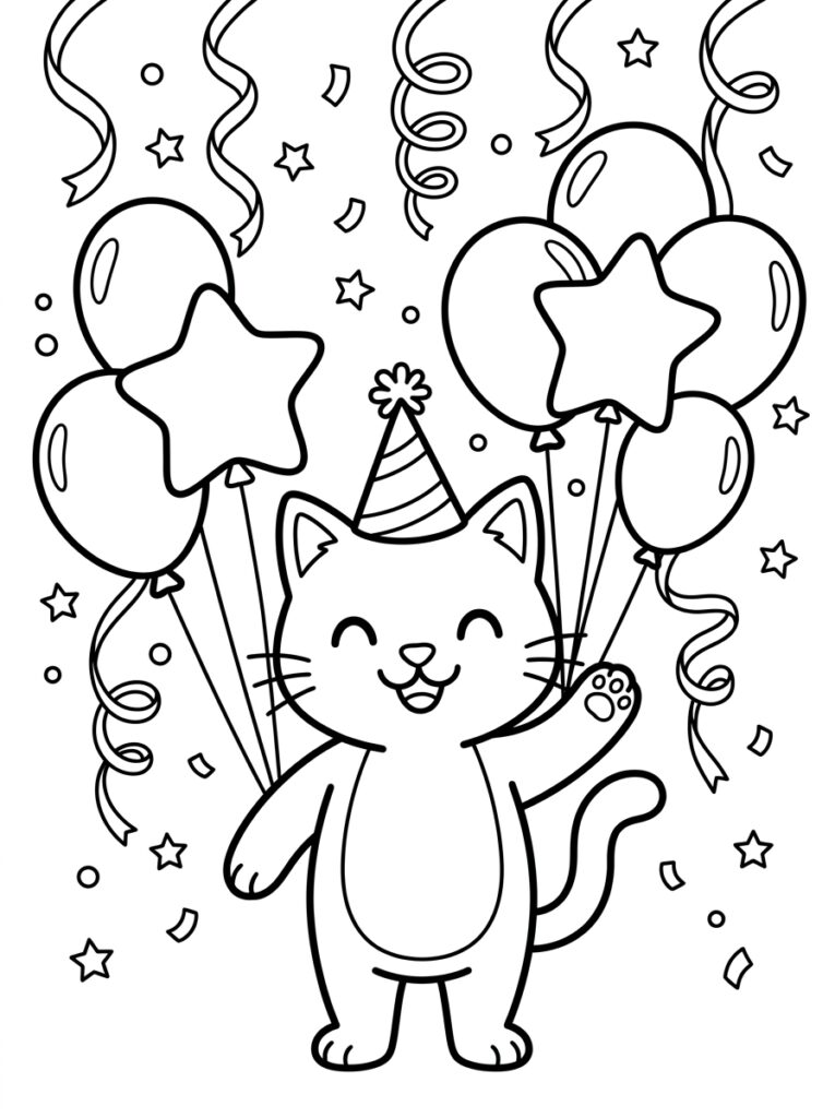 Kat met feestmuts tussen ballonnen en slingers