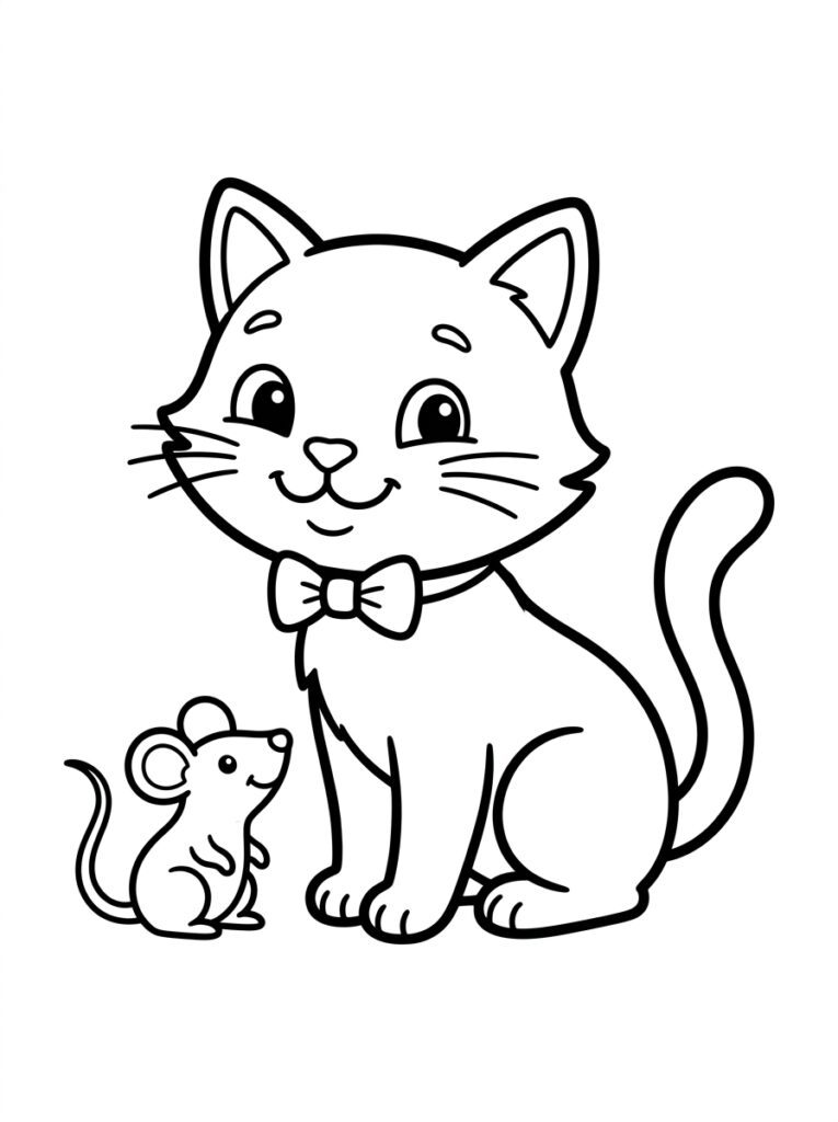 Kat met vlinderdas naast kleine muis