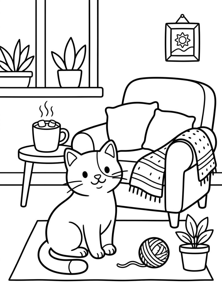 Kat in kamer bij fauteuil en dampende mok