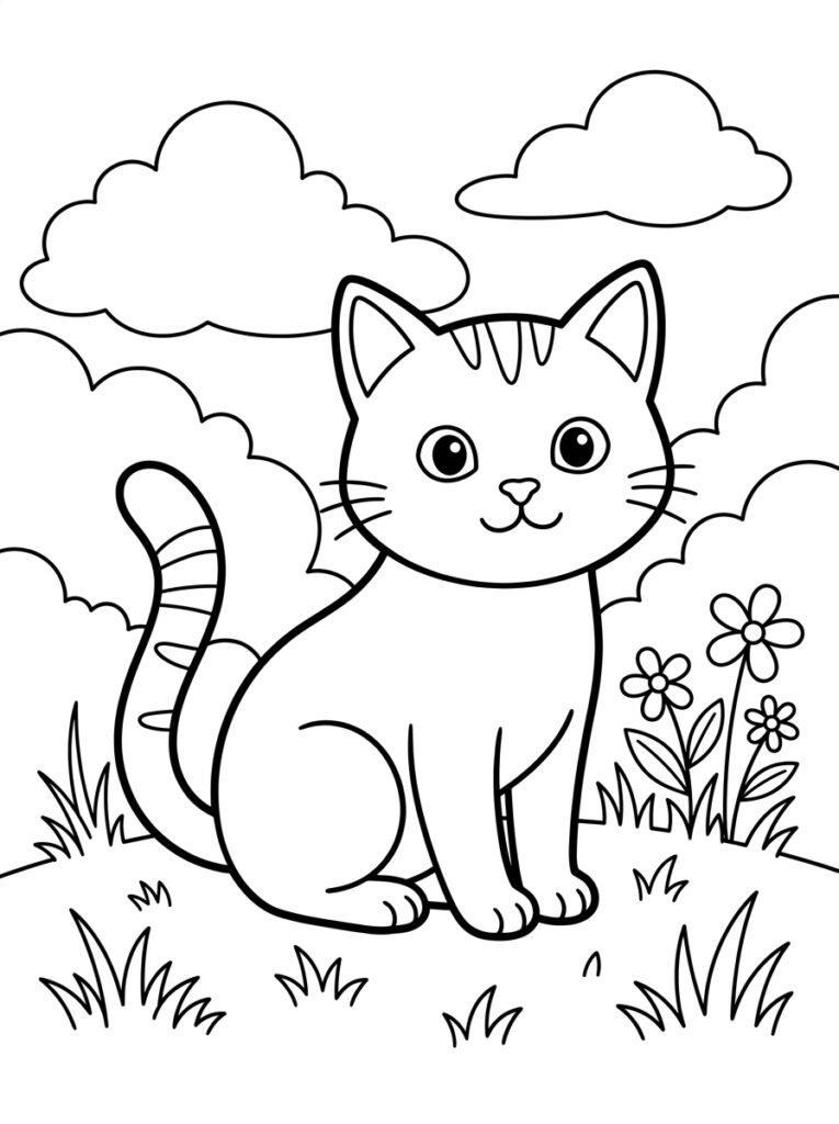 Kat zit in gras met bloemen en wolken
