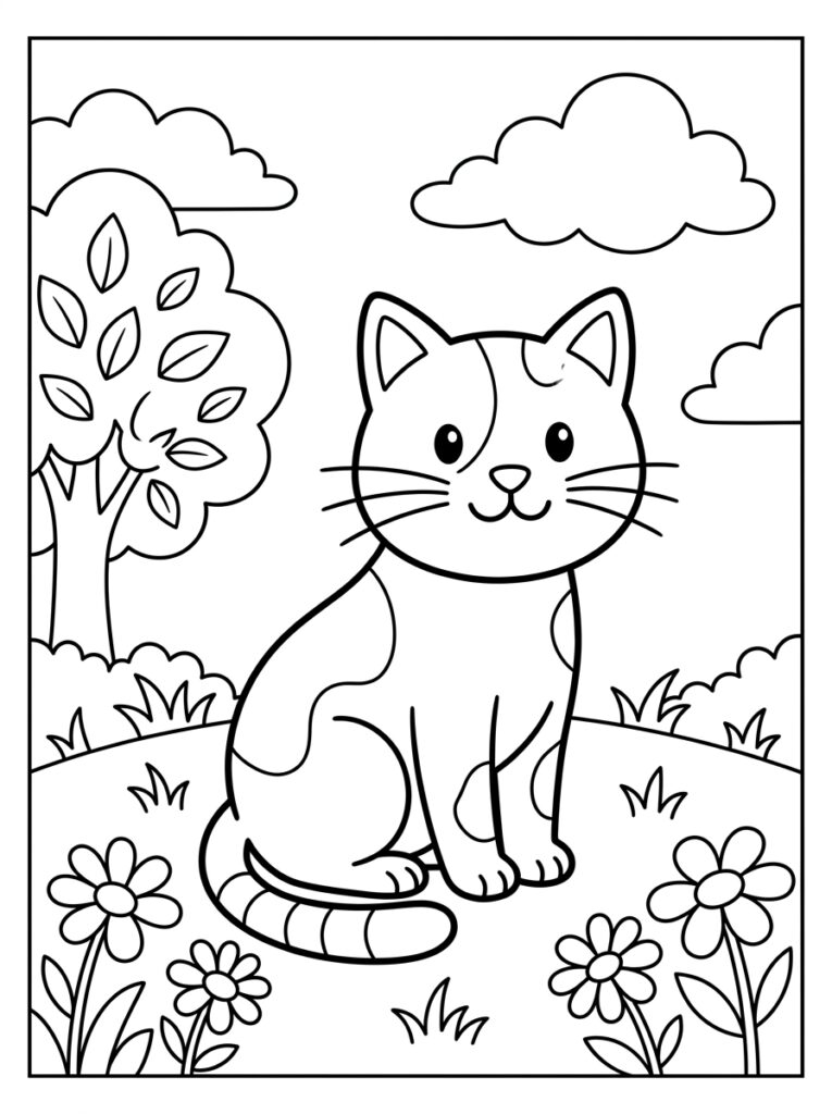 Kat zit op gras tussen boom en bloemen