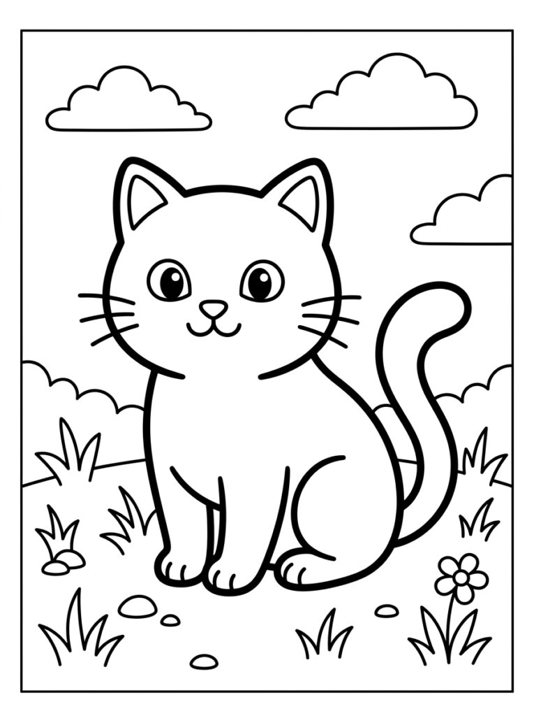 Kat zit in gras onder wolken en bloem