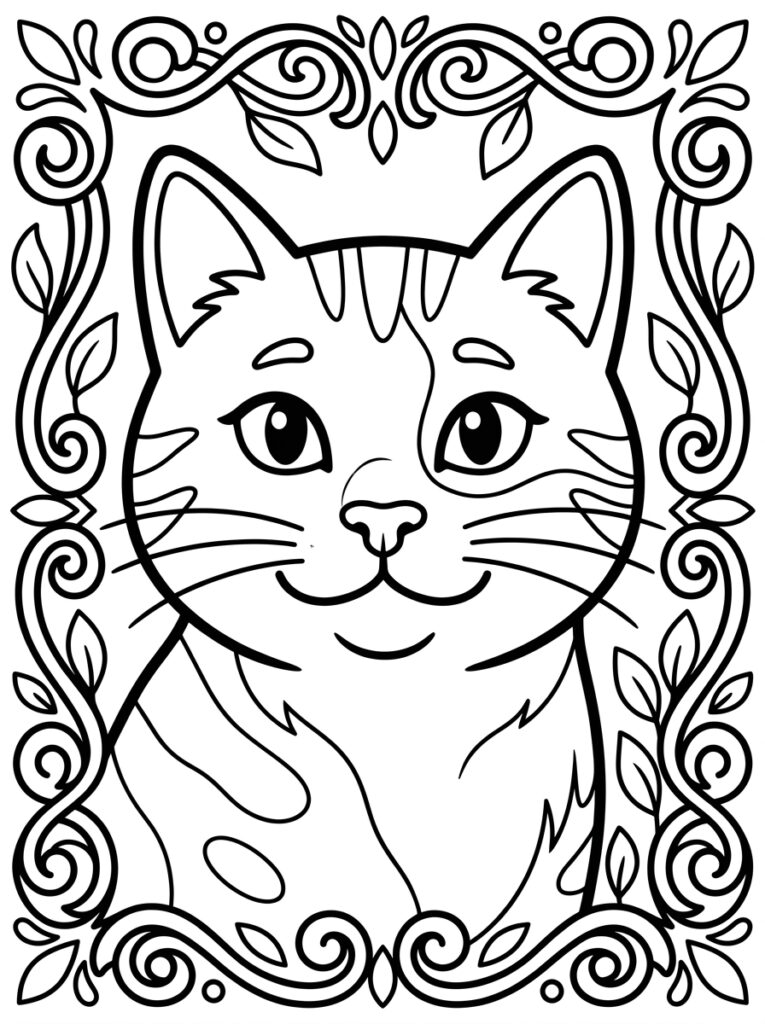 Kat in sierlijke lijst met bladeren en krullen