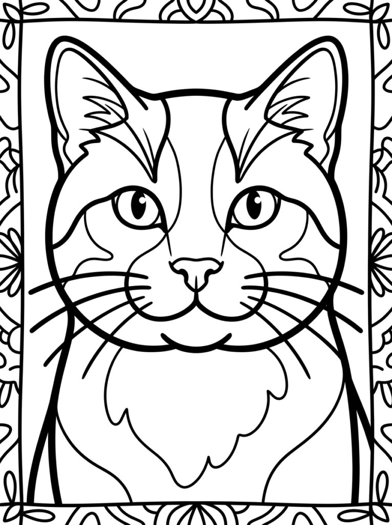 Kat in lijst met bloemmotieven