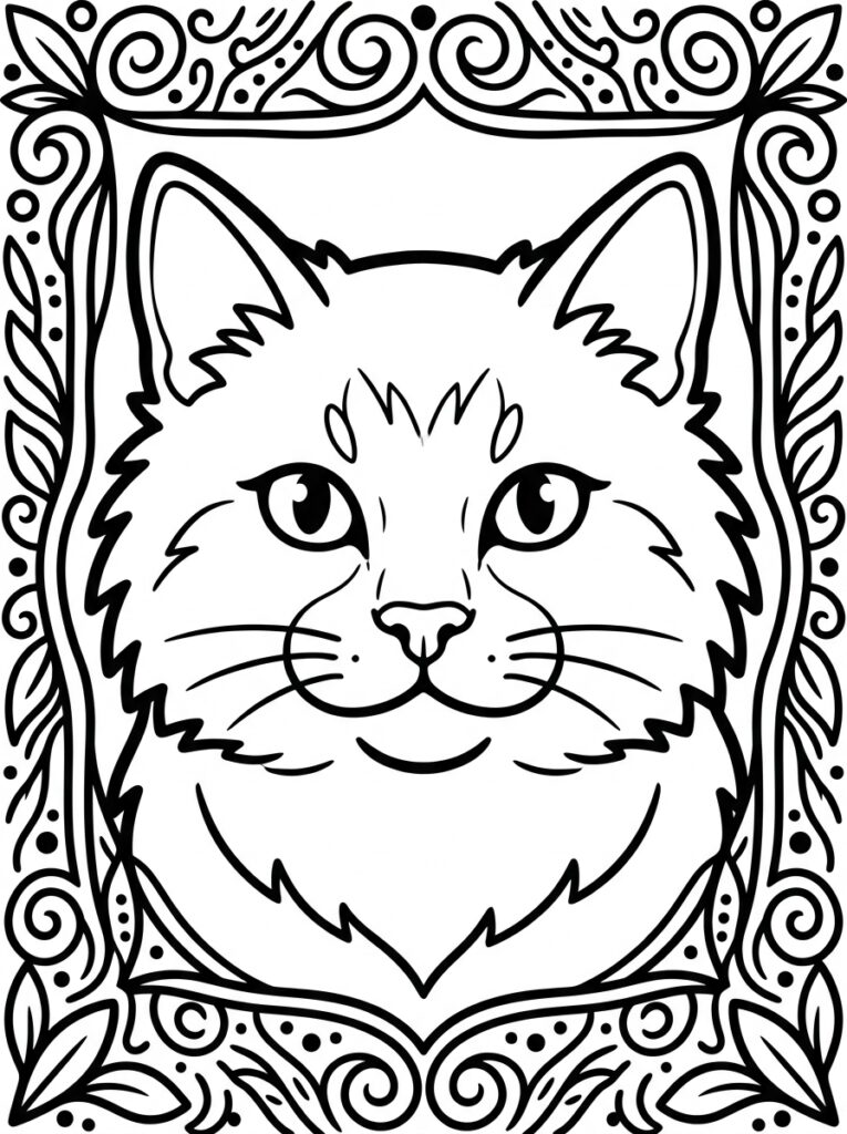 Kat met pluizige vacht in versierde omlijsting