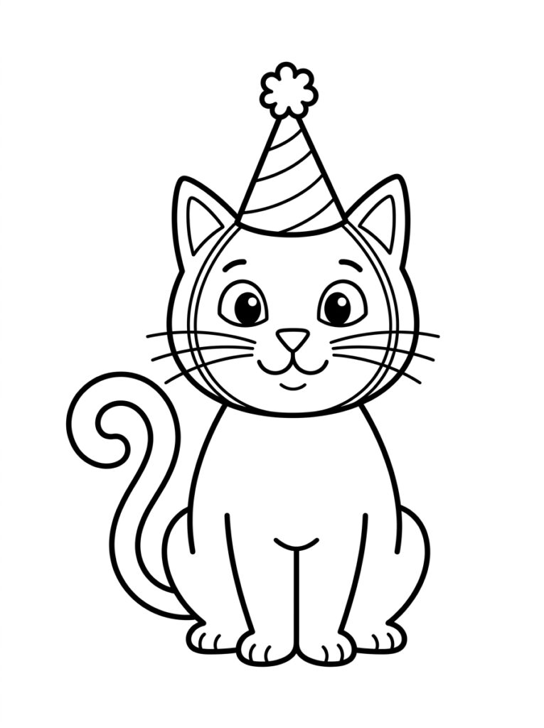 Kat met gestreepte feestmuts zit rechtop