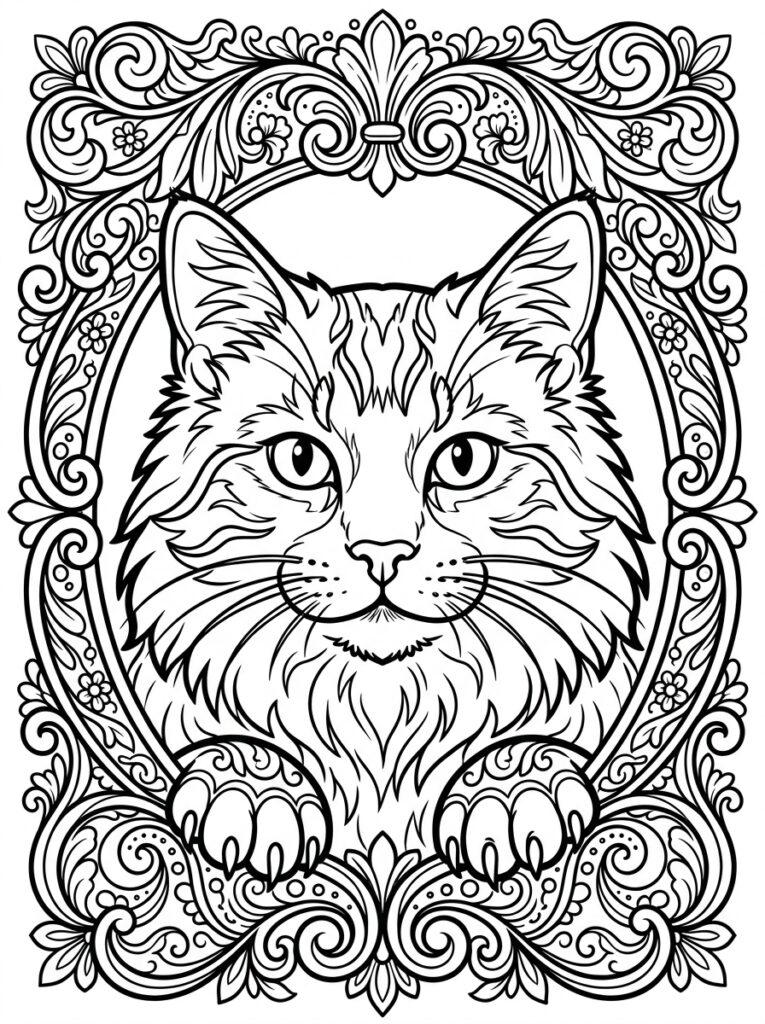 Kleurplaat van een kattenkop met sierlijke ornamentale lijst en poten
