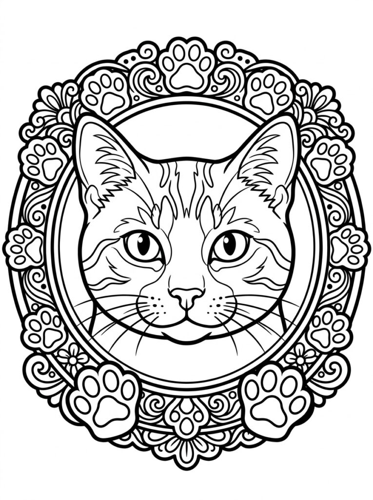 Kleurplaat van een kattenhoofd in een ronde lijst met pootafdrukken en krullen