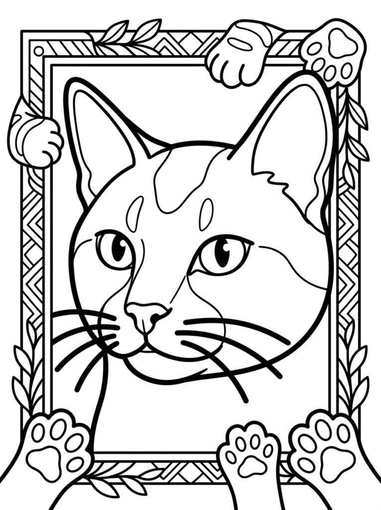 Kleurplaat van een kattenhoofd in een lijst vastgehouden door kattpootjes en bladeren