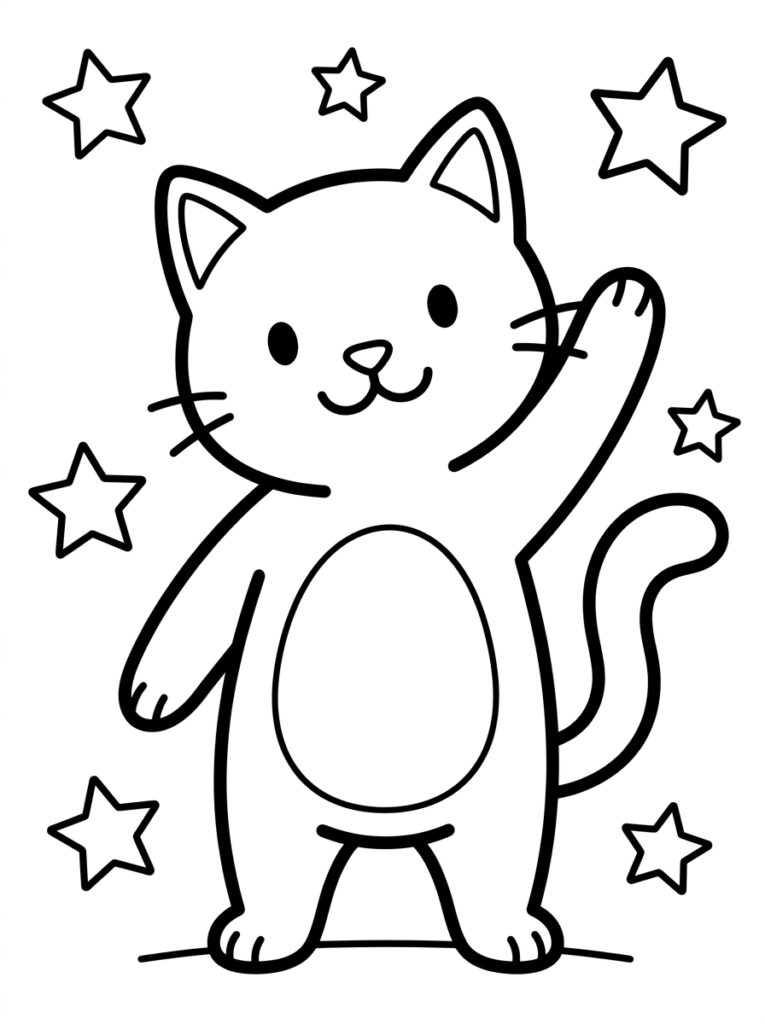 Kleurplaat van een cartoon kat staand met opgeheven poot omringd door sterren