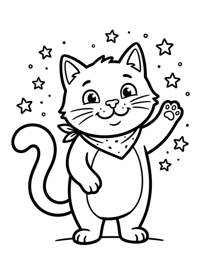 Kleurplaat van een kat met bandana zwaaiend met poot omringd door sterren