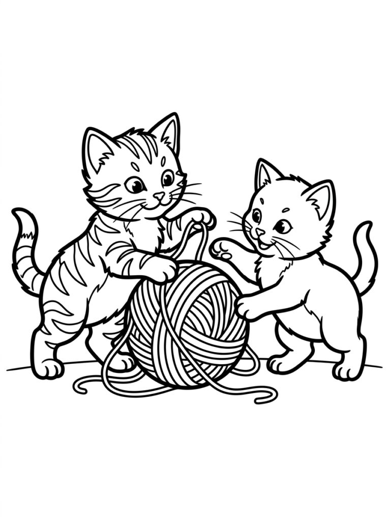 Kleurplaat van twee kittens spelend met een grote bol wol