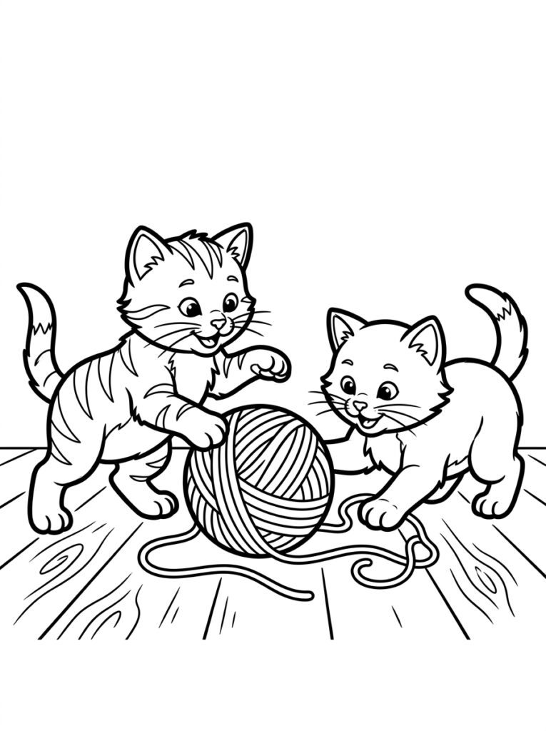 Kleurplaat van twee kittens spelend met een bol garen op houten vloer