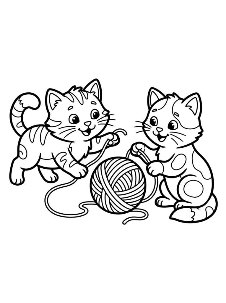 Kleurplaat van twee lachende katten spelend met een bol garen
