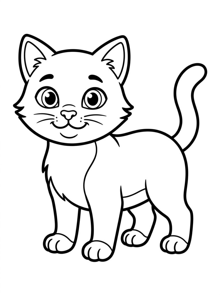 Kleurplaat van een kat met grote ogen staand met opgeheven staart