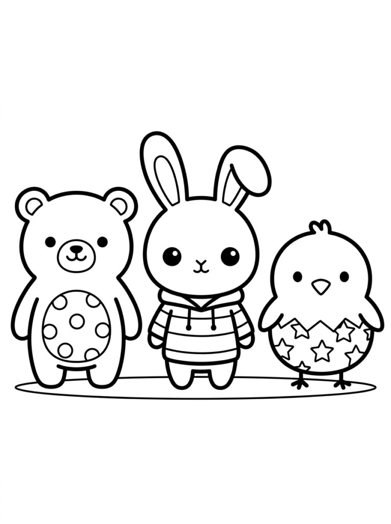 Kleurplaat van een kawaii beer met stippen, konijn in hoodie en kuiken met sterren ei