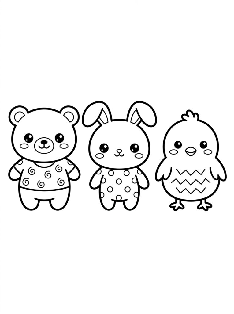 Kleurplaat van een kawaii beer in swirly shirt, konijn in stippen outfit en kuiken met zigzag patroon