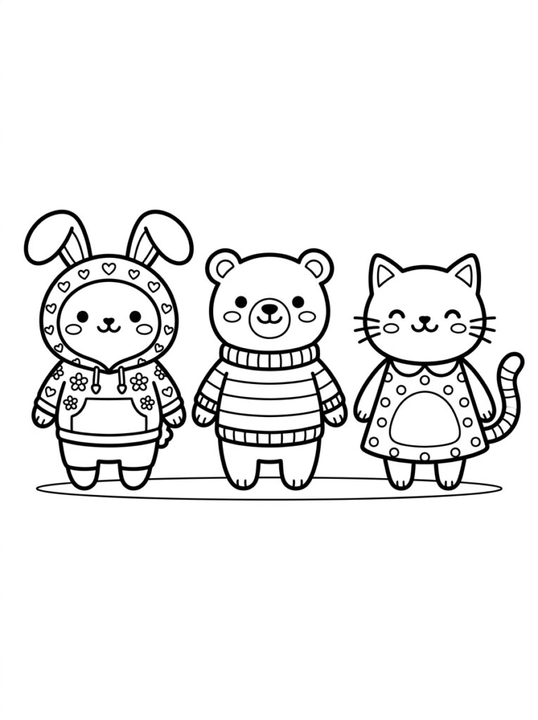 Kleurplaat van een kawaii konijn in hartjes hoodie, beer in gestreepte trui en kat in stippen jurk