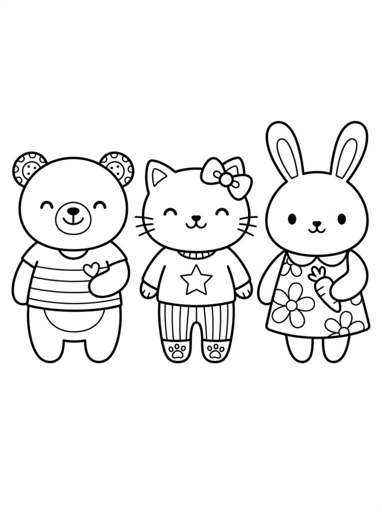 Kleurplaat van een kawaii beer met hart, kat met strik en konijn met wortel in bloemetjes jurk