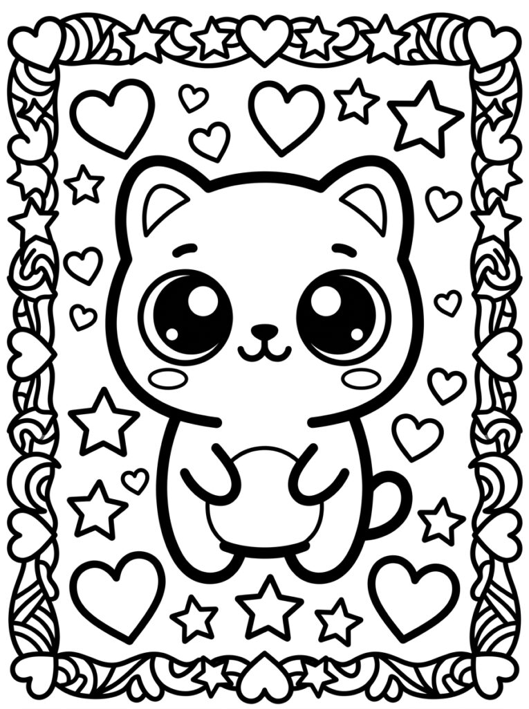 Kleurplaat van een kawaii kat met grote ogen omringd door harten sterren en decoratieve rand