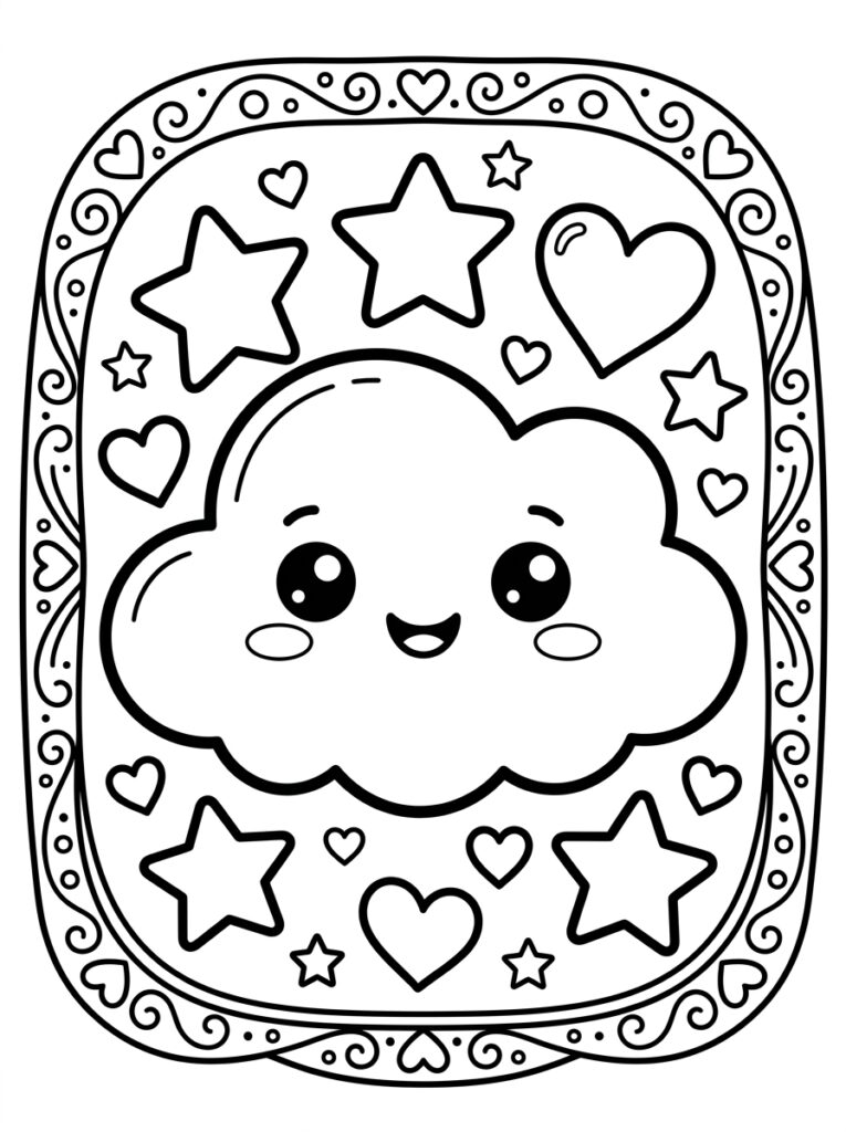 Kleurplaat van een kawaii wolk met gezicht omringd door sterren harten en krullen in kader