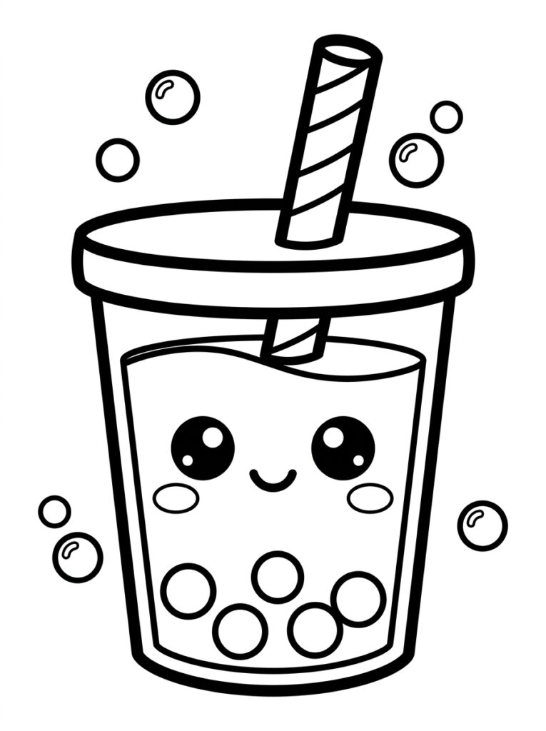 Kleurplaat van een kawaii bubble tea beker met gezicht rietje bubbels en parels