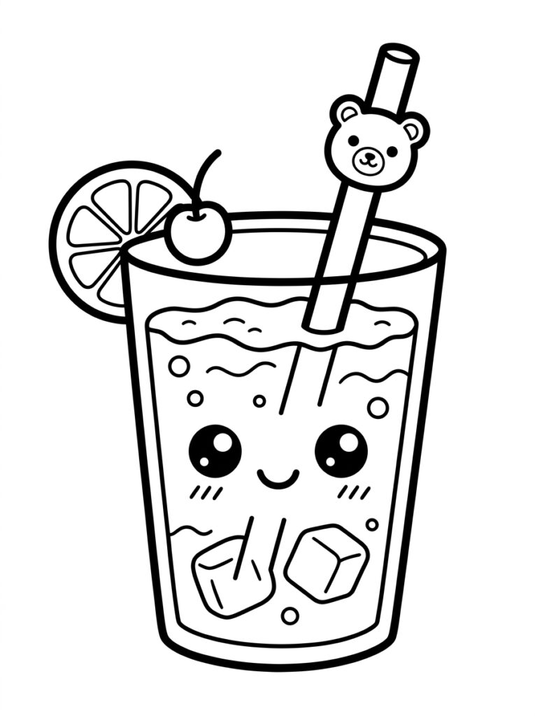 Kleurplaat van een kawaii glas met gezicht ijsblokjes kers citroen en beertje rietje