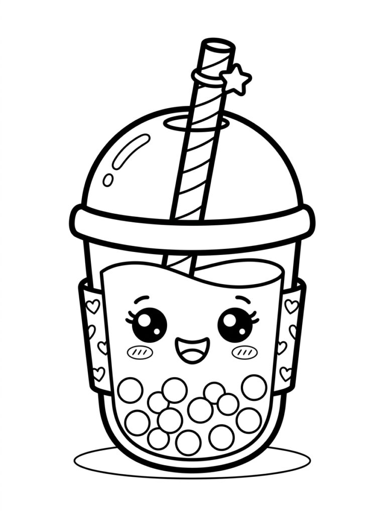 Kleurplaat van een kawaii bubble tea met deksel sterren rietje hartjes en parels