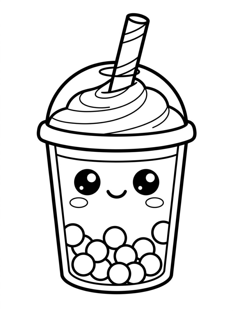 Kleurplaat van een kawaii bubble tea beker met slagroom deksel rietje en parels