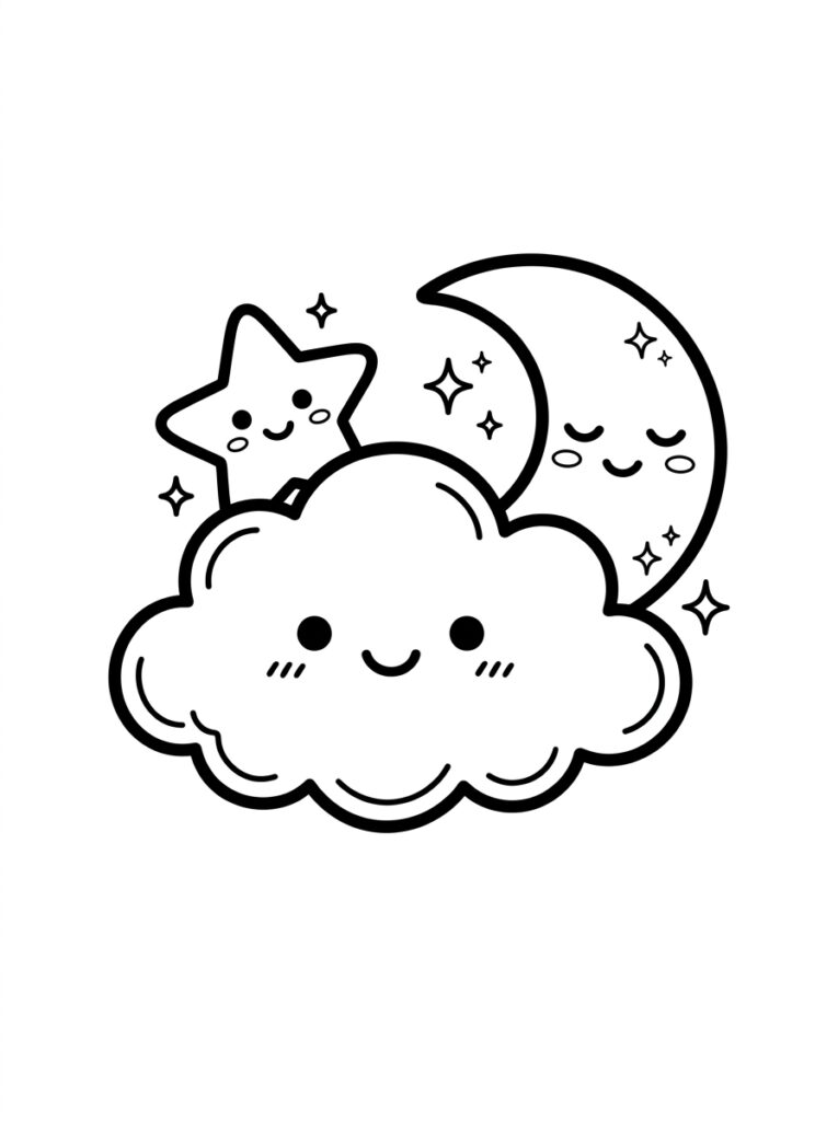 Kleurplaat van een kawaii wolk ster en maan met gezichten en sprankels