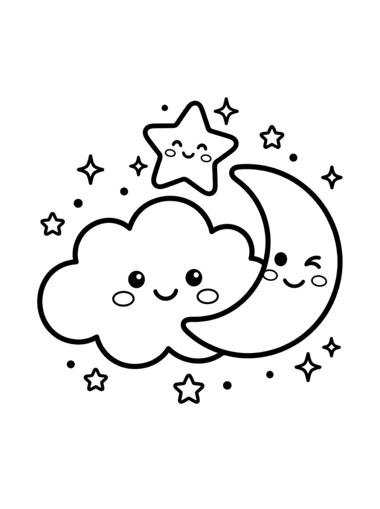 Kleurplaat van een kawaii wolk lachende ster en maan met gezichten en sterren