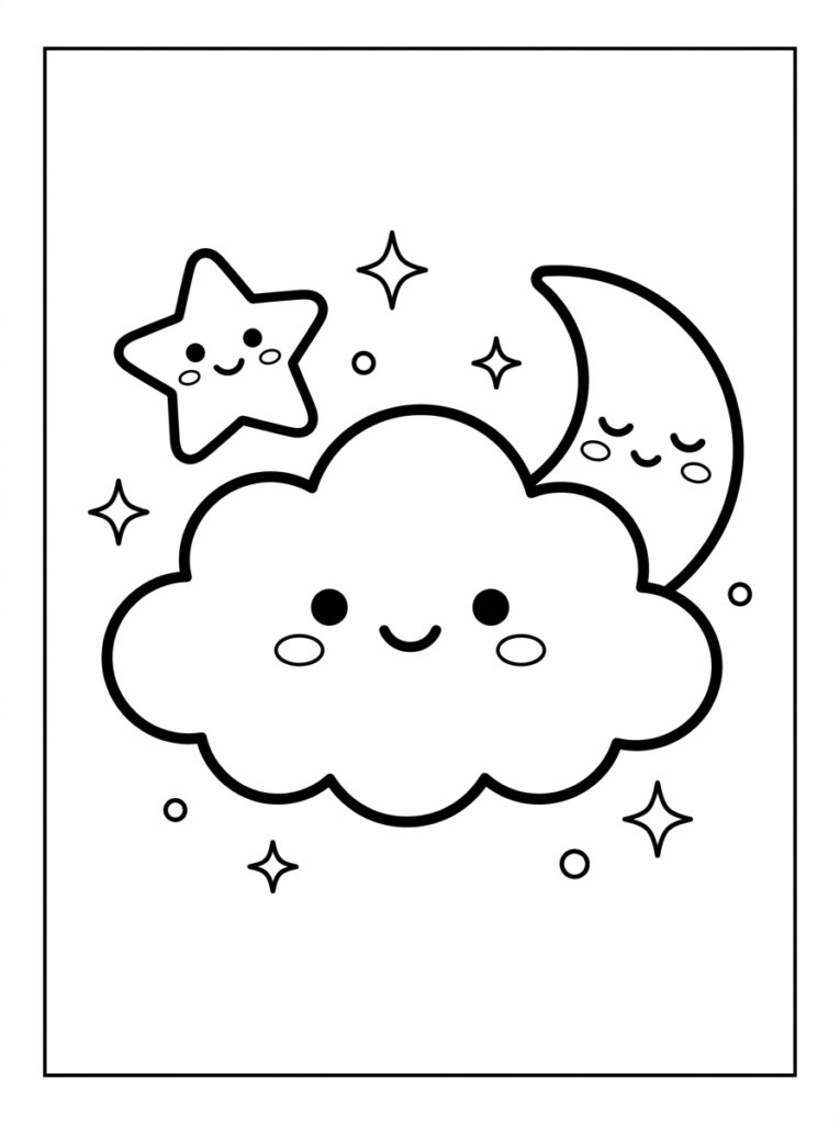 Kleurplaat van een kawaii wolk maan en ster met gezichten in rechthoekig kader