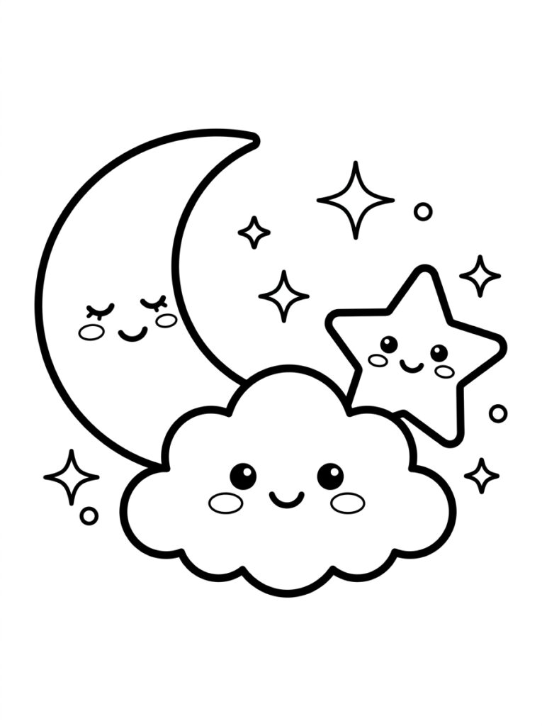 Kleurplaat van een kawaii maan ster en wolk met gezichten en sprankels